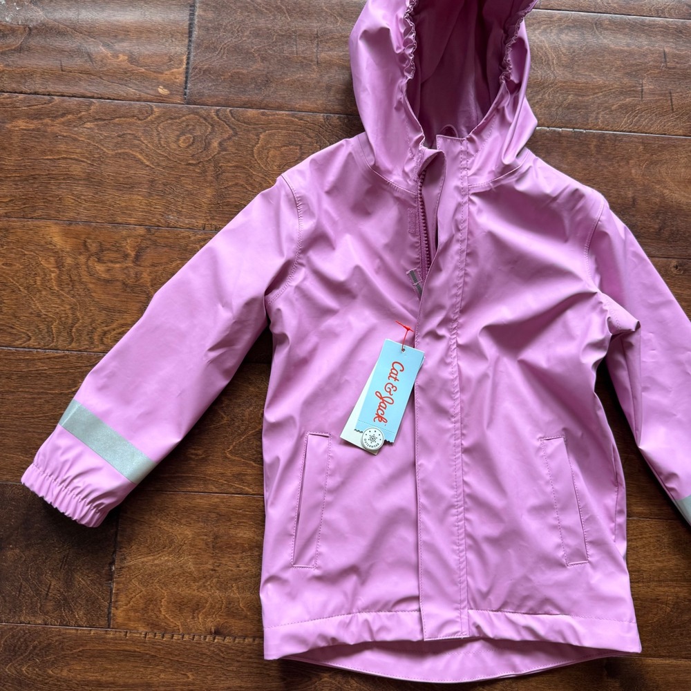 Cat & Jack Girls Pink Hooded Rain Jacket Water Resistant Reflective 5T NEW - Picture 3 of 10
